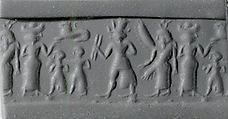Cylinder seal and modern impression: war goddess flanked by goddesses with Egyptian-style sun-disk headdress and vertical wings, Hematite