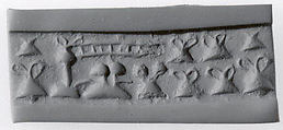 Cylinder seal and modern impression: "pigtailed" ladies in front of loom (?); containers with loop handle, Chlorite