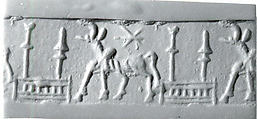 Cylinder seal with animal and divine symbols
, Blue-green glazed Faience, Elamite