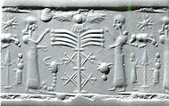 Cylinder seal with cultic scene
, Neutral Chalcedony (Quartz), possibly etched to produce white mottling, Assyrian