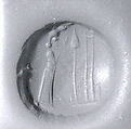 Stamp seal (conoid) with cultic scene and divine beings
, Neutral Chalcedony (Quartz), possibly etched to produce white mottling, Assyro-Babylonian