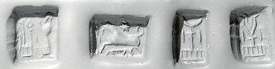 Stamp seal (cubical) with cultic scene, animals, and divine symbols
, Marble (?), Assyrian