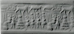 Cylinder seal and modern impression: seated goddess before figures carrying boxes, one placed on "altar", Marble, Sumerian