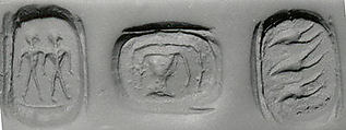 Triangular prism with three oval seal faces, Chlorite or steatite, black, Minoan