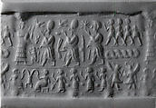 Cylinder seal and modern impression: above, royal figures approaching a suppliant goddess; below, a banquet scene, Hematite