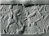 Cylinder seal with two-figure contest scene
, Variegated white and beige Chalcedony (Quartz), Babylonian