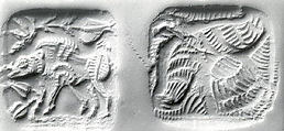 Double-sided stamp seal and modern impression: striding boar; vulture, Stone, dark gray, Bactria-Margiana Archaeological Complex