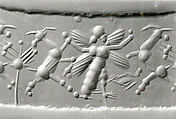 Cylinder seal with three-figure contest scene
, Neutral Chalcedony (Quartz), Babylonian