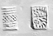 Stamp seal (grooved tabloid) with three-figure contest scene and geometric design
, Glazed steatite, Syro-Anatolian-Levantine