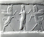 Cylinder seal with three-figure contest scene
, Neutral Chalcedony (Quartz), Assyro-Babylonian