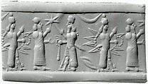 Cylinder seal with cultic scene
, Neutral Chalcedony (Quartz), Assyro-Babylonian