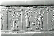 Cylinder seal with cultic scene
, Flawed Carnelian (Quartz), Assyrian