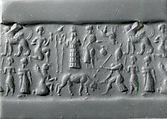 Cylinder seal and modern impression: man spearing bull; griffin demon; deities above, Hematite