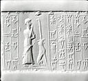 Cylinder seal and modern impression: male worshiper, dog surmounted by a standard, Carnelian, Kassite