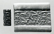 Cylinder seal and modern impression: nude male, griffins, monkey, lion, goat, Hematite, Mitanni