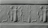 Cylinder seal and modern impression: mistress of animals flanked by rampant horned animals, Hematite, Cypriot