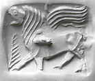 Double-sided stamp seal: nude winged hero dominating snakes; winged dragon, Steatite or chlorite, Bactria-Margiana Archaeological Complex