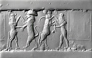 Cylinder seal and modern impression: heroes wrestling rampant animals, Jasper, Akkadian