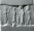 Cylinder seal and modern impression: partially nude and robed goddesses raising ankh symbols over a king; weather god, Hematite