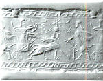 Cylinder seal with chariot hunting scene, Variegated red, neutral, and white Chalcedony (Quartz), Assyrian