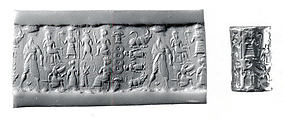 Cylinder seal and modern impression: human figures and demons, Hematite