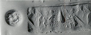 Stamp-cylinder seal (with loop handle) with cultic scene
, Variegated gray and black Steatite, Urartian