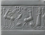 Cylinder seal with cultic scene
, Variegated Carnelian (Quartz), Assyrian