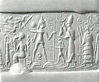 Cylinder seal and modern impression: smiting weather god before king and goddess, Hematite