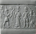 Cylinder seal and modern impression: smiting weather god before a Syrian goddess, nude goddess; ankh symbols, Hematite