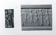 Cylinder seal and modern impression: worshiper and the sun god; king; bull-man and a lion-man, Hematite, Babylonian