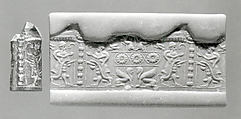 Cylinder seal and modern impression: royal figures flanking a standard; sphinxes, Hematite