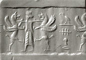 Cylinder seal and modern impression: king holding two lion griffins at bay, Jasper, hematite, Achaemenid