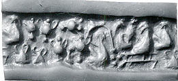 Cylinder seal and modern impression: female figure seated on a platform with 