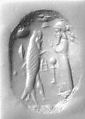 Stamp seal (octagonal pyramid) with cultic scene, Veined neutral Chalcedony (Quartz), Assyrian