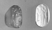 Stamp seal (octagonal pyramid) with cultic scene and demon
, Blue Chalcedony (Quartz), Assyrian