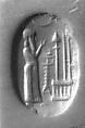 Stamp seal (oval conoid, pin preserved) with cultic scene
, Flawed neutral and red Agate (Quartz), copper/bronze pin, Assyro-Babylonian