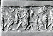 Cylinder seal with two-figure contest scene
, Mottled green, black, and beige Serpentinite, Assyro-Babylonian