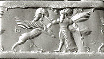 Cylinder seal with two-figure contest scene
, Variegated red and white Carnelian (Quartz), Babylonian
