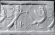 Cylinder seal with mythological contest scene
, Variegated, veined, and flawed green, brown, and white Chalcedony (Quartz), Babylonian