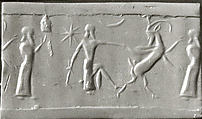 Cylinder seal with two-figure contest scene
, Banded and flawed blue Chalcedony (Quartz), Babylonian