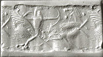 Cylinder seal with monster contest scene
, Variegated brown and white Jasper (Quartz), Babylonian