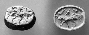 Stamp seal (scaraboid) with animal and divine symbols
, Steatite, Assyrian