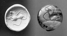 Stamp seal (scaraboid) with monster
, Banded neutral Chalcedony (Quartz), Urartian