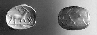 Stamp seal (scaraboid with pointed top) with animal
, Flawed neutral Chalcedony (Quartz), Assyro-Babylonian