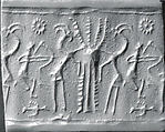 Cylinder seal and modern impression: kneeling archer and goats flanking tree, Bitumen matrix with white mineral aggregate, Elamite