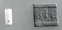 Cylinder seal and modern impression: hero grasping two antelopes by their hind legs, Chalcedony, Assyrian