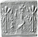 Cylinder seal and modern impression: creature flanking stylized tree, Bitumen matrix with white mineral aggregate, Elamite