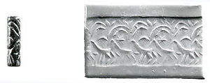 Cylinder seal and modern impression: two striding goats, Serpentine