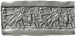 Cylinder seal with hunting scene, Mottled red Jasper (Quartz), Assyrian