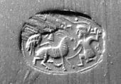 Stamp seal (scarab) with two-figure contest scene (?)
, Hematite, Syro-Anatolian